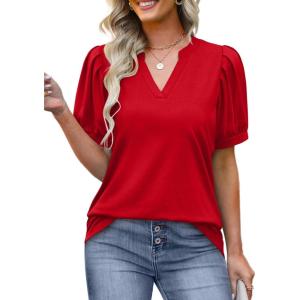imageOFEEFAN Womens Pleated Puff Sleeve Tops Summer V Neck Tunic Shirts Loose Curved Hem Blouses Dressy Casual S3XL011red