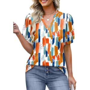 imageOFEEFAN Womens Pleated Puff Sleeve Tops Summer V Neck Tunic Shirts Loose Curved Hem Blouses Dressy Casual S3XLC20multicolor