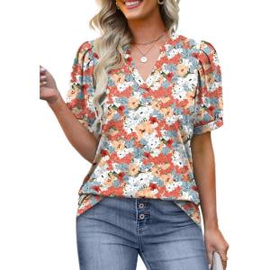 imageOFEEFAN Womens Pleated Puff Sleeve Tops Summer V Neck Tunic Shirts Loose Curved Hem Blouses Dressy Casual S3XLC21yellow Floral