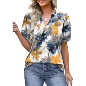 imageOFEEFAN Womens Pleated Puff Sleeve Tops Summer V Neck Tunic Shirts Loose Curved Hem Blouses Dressy Casual S3XLC22multi Teal