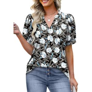 imageOFEEFAN Womens Pleated Puff Sleeve Tops Summer V Neck Tunic Shirts Loose Curved Hem Blouses Dressy Casual S3XLC23black Floral