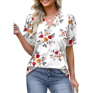 imageOFEEFAN Womens Pleated Puff Sleeve Tops Summer V Neck Tunic Shirts Loose Curved Hem Blouses Dressy Casual S3XLC24white Floral