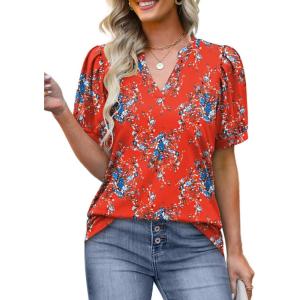 imageOFEEFAN Womens Pleated Puff Sleeve Tops Summer V Neck Tunic Shirts Loose Curved Hem Blouses Dressy Casual S3XLC25red Floral