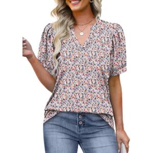 imageOFEEFAN Womens Pleated Puff Sleeve Tops Summer V Neck Tunic Shirts Loose Curved Hem Blouses Dressy Casual S3XLC27pink Flower