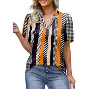imageOFEEFAN Womens Pleated Puff Sleeve Tops Summer V Neck Tunic Shirts Loose Curved Hem Blouses Dressy Casual S3XLC28khaki Stripe