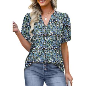 imageOFEEFAN Womens Pleated Puff Sleeve Tops Summer V Neck Tunic Shirts Loose Curved Hem Blouses Dressy Casual S3XLC291floral Blue