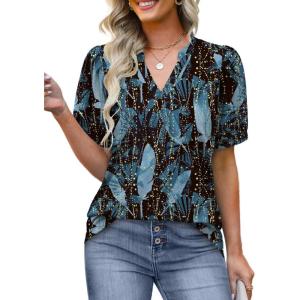 imageOFEEFAN Womens Pleated Puff Sleeve Tops Summer V Neck Tunic Shirts Loose Curved Hem Blouses Dressy Casual S3XLC29firefly Blue
