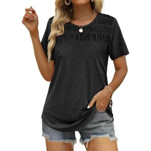 imageOFEEFAN Womens Summer Tops 2025 Trendy Short Sleeve Shirts Smocked Crewneck TeeBlack