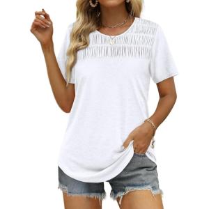 imageOFEEFAN Womens Summer Tops 2025 Trendy Short Sleeve Shirts Smocked Crewneck TeeBwhite