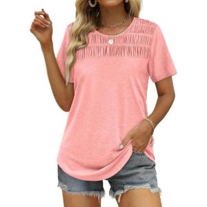 imageOFEEFAN Womens Summer Tops 2025 Trendy Short Sleeve Shirts Smocked Crewneck TeeCoral