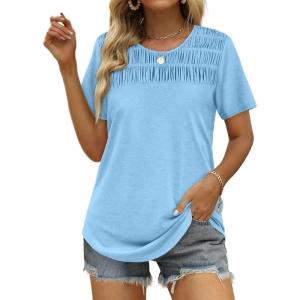 imageOFEEFAN Womens Summer Tops 2025 Trendy Short Sleeve Shirts Smocked Crewneck TeeDlight Blue