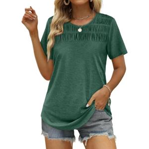 imageOFEEFAN Womens Summer Tops 2025 Trendy Short Sleeve Shirts Smocked Crewneck TeeGreen