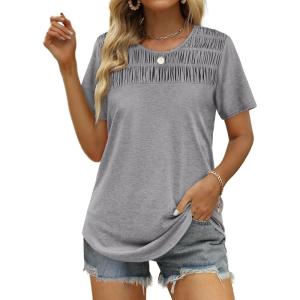imageOFEEFAN Womens Summer Tops 2025 Trendy Short Sleeve Shirts Smocked Crewneck TeeGrey