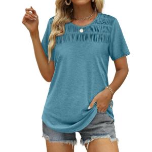 imageOFEEFAN Womens Summer Tops 2025 Trendy Short Sleeve Shirts Smocked Crewneck TeeGrey Green