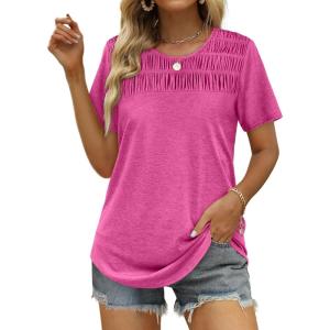 imageOFEEFAN Womens Summer Tops 2025 Trendy Short Sleeve Shirts Smocked Crewneck TeeHot Pink