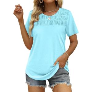 imageOFEEFAN Womens Summer Tops 2025 Trendy Short Sleeve Shirts Smocked Crewneck TeeLake Green