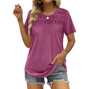 imageOFEEFAN Womens Summer Tops 2025 Trendy Short Sleeve Shirts Smocked Crewneck TeeMaroon