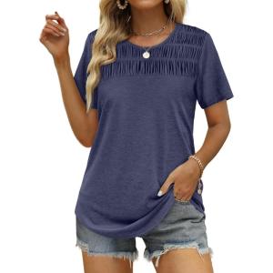 imageOFEEFAN Womens Summer Tops 2025 Trendy Short Sleeve Shirts Smocked Crewneck TeeNavy