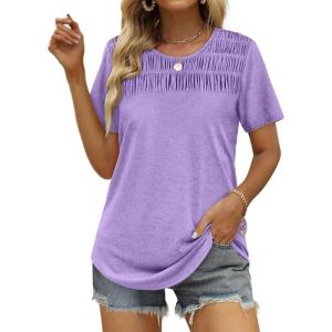 imageOFEEFAN Womens Summer Tops 2025 Trendy Short Sleeve Shirts Smocked Crewneck TeePurple