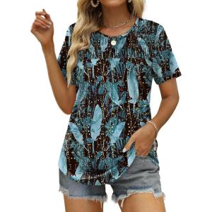 imageOFEEFAN Womens Summer Tops 2025 Trendy Short Sleeve Shirts Smocked Crewneck TeeZblack Print