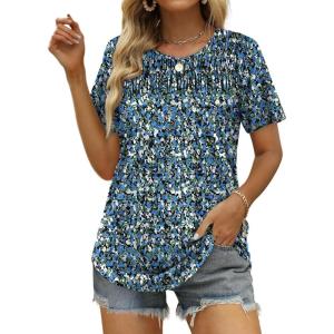 imageOFEEFAN Womens Summer Tops 2025 Trendy Short Sleeve Shirts Smocked Crewneck TeeZblue Print