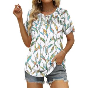 imageOFEEFAN Womens Summer Tops 2025 Trendy Short Sleeve Shirts Smocked Crewneck TeeZcolorful Leaf