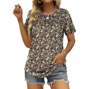 imageOFEEFAN Womens Summer Tops 2025 Trendy Short Sleeve Shirts Smocked Crewneck TeeZfloral Black