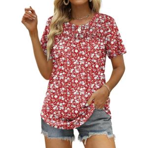 imageOFEEFAN Womens Summer Tops 2025 Trendy Short Sleeve Shirts Smocked Crewneck TeeZfloral Red