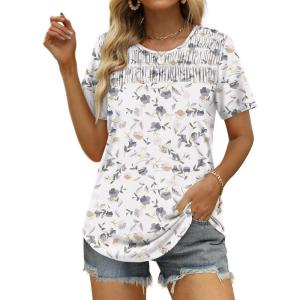 imageOFEEFAN Womens Summer Tops 2025 Trendy Short Sleeve Shirts Smocked Crewneck TeeZfloral White