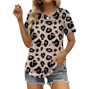 imageOFEEFAN Womens Summer Tops 2025 Trendy Short Sleeve Shirts Smocked Crewneck TeeZleopard Print