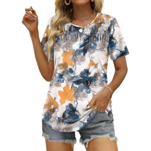 imageOFEEFAN Womens Summer Tops 2025 Trendy Short Sleeve Shirts Smocked Crewneck TeeZmulti Teal