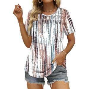imageOFEEFAN Womens Summer Tops 2025 Trendy Short Sleeve Shirts Smocked Crewneck TeeZtie Dye