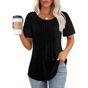 imageOFEEFAN Womens T Shirts Short Sleeve Pleated Dressy Casual Scooped Neck Summer Tops Blouses03black