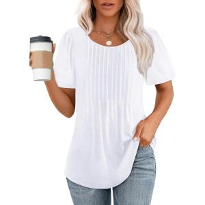 imageOFEEFAN Womens T Shirts Short Sleeve Pleated Dressy Casual Scooped Neck Summer Tops Blouses03white