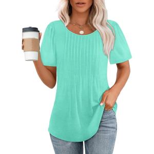 imageOFEEFAN Womens T Shirts Short Sleeve Pleated Dressy Casual Scooped Neck Summer Tops Blouses04aqua