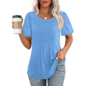 imageOFEEFAN Womens T Shirts Short Sleeve Pleated Dressy Casual Scooped Neck Summer Tops Blouses04baby Blue
