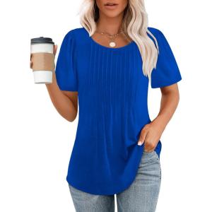 imageOFEEFAN Womens T Shirts Short Sleeve Pleated Dressy Casual Scooped Neck Summer Tops Blouses04blue