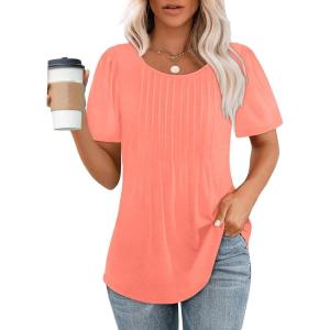 imageOFEEFAN Womens T Shirts Short Sleeve Pleated Dressy Casual Scooped Neck Summer Tops Blouses04coral
