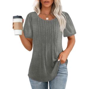 imageOFEEFAN Womens T Shirts Short Sleeve Pleated Dressy Casual Scooped Neck Summer Tops Blouses04grey