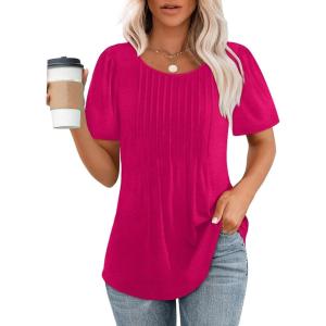 imageOFEEFAN Womens T Shirts Short Sleeve Pleated Dressy Casual Scooped Neck Summer Tops Blouses04hot Pink