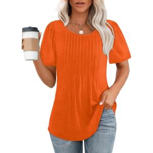 imageOFEEFAN Womens T Shirts Short Sleeve Pleated Dressy Casual Scooped Neck Summer Tops Blouses04orange