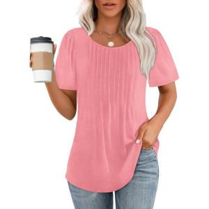 imageOFEEFAN Womens T Shirts Short Sleeve Pleated Dressy Casual Scooped Neck Summer Tops Blouses04pink