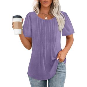 imageOFEEFAN Womens T Shirts Short Sleeve Pleated Dressy Casual Scooped Neck Summer Tops Blouses04purple