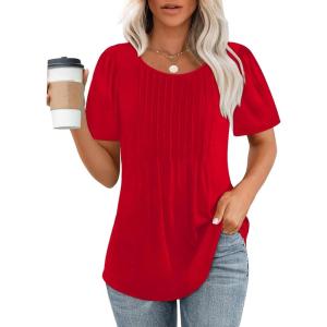 imageOFEEFAN Womens T Shirts Short Sleeve Pleated Dressy Casual Scooped Neck Summer Tops Blouses04red