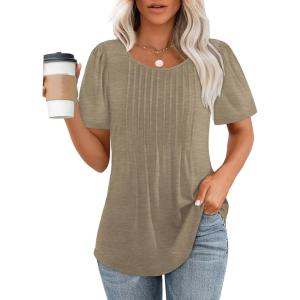 imageOFEEFAN Womens T Shirts Short Sleeve Pleated Dressy Casual Scooped Neck Summer Tops Blouses04sand