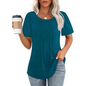 imageOFEEFAN Womens T Shirts Short Sleeve Pleated Dressy Casual Scooped Neck Summer Tops Blouses04teal