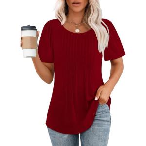 imageOFEEFAN Womens T Shirts Short Sleeve Pleated Dressy Casual Scooped Neck Summer Tops Blouses04wine Red