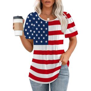 imageOFEEFAN Womens T Shirts Short Sleeve Pleated Dressy Casual Scooped Neck Summer Tops Blouses05flag