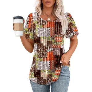 imageOFEEFAN Womens T Shirts Short Sleeve Pleated Dressy Casual Scooped Neck Summer Tops Blouses1multi Brown