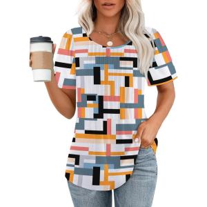 imageOFEEFAN Womens T Shirts Short Sleeve Pleated Dressy Casual Scooped Neck Summer Tops Blouses1multi Geometric